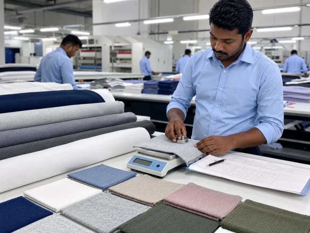 Knitted fabric swatches and rolls checked for GSM and fabric quality in a garment factory