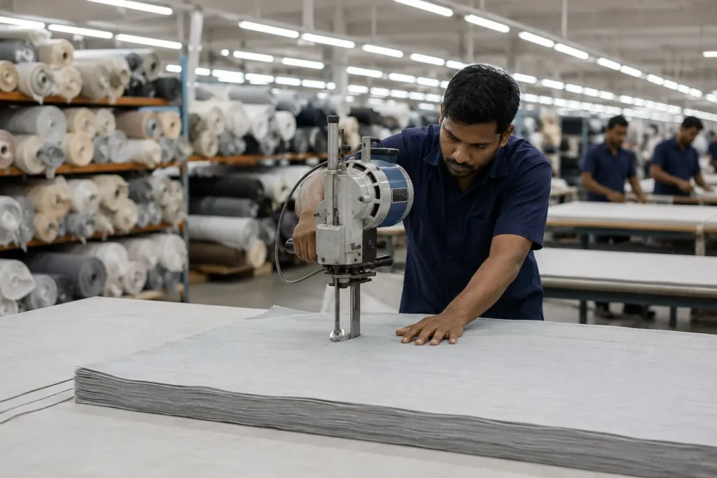 Plain T-shirt fabric cutting and preparation at a garment manufacturing facility in Tiruppur, India