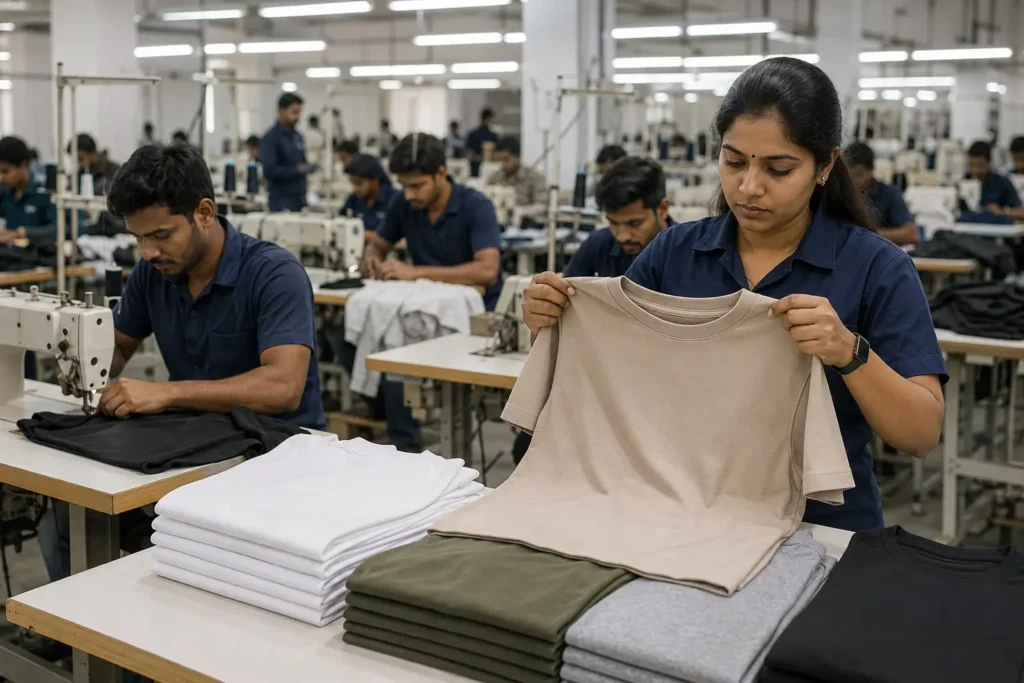Plain T-shirt stitching and quality control at a garment manufacturing facility in Tiruppur, India