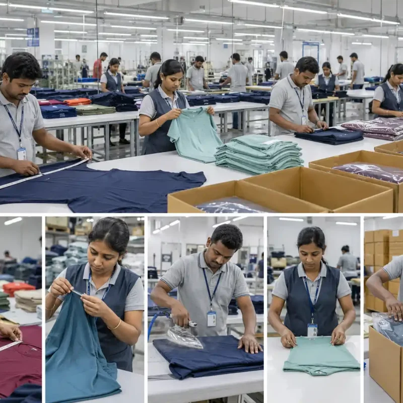 Garment workers checking, ironing, folding and packing knitted garments for export production
